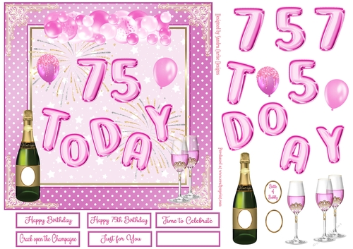 Happy 75th Birthday Pink Balloons 7x7ins Decoupage Topper