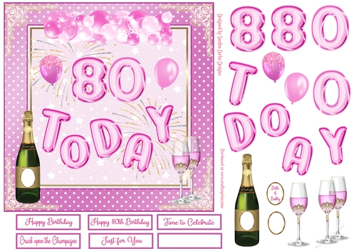 Happy 80th Birthday Pink Balloons 7x7ins Decoupage Topper