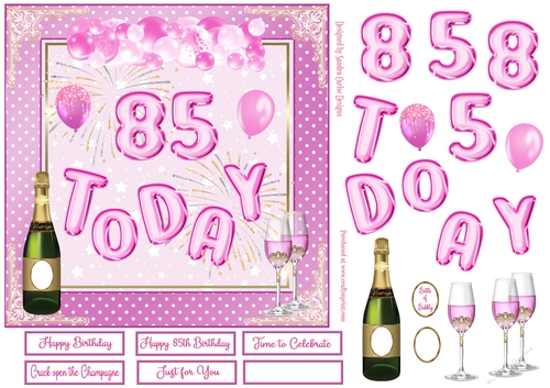 Happy 85th Birthday Pink Balloons 7x7ins Decoupage Topper