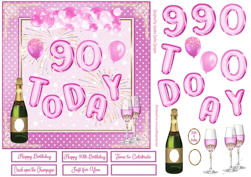 Happy 90th Birthday Pink Balloons 7x7ins Decoupage Topper