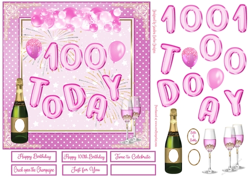 Happy 100th Birthday Pink Balloons 7x7ins Decoupage Topper