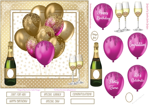 Birthday Gold & Pink Balloons 7x7ins Decoupage Topper 