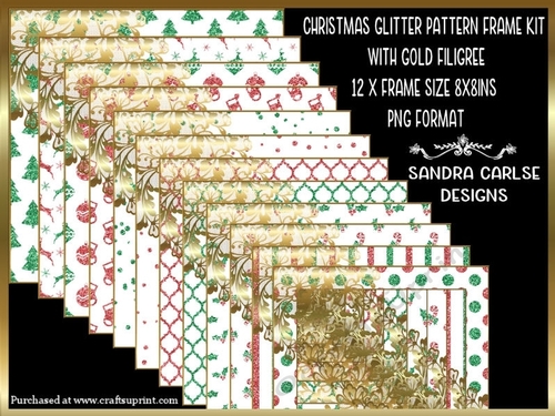 Christmas Glitter Pattern 12 x 8x8ins Frames with Gold Filigree Kit 