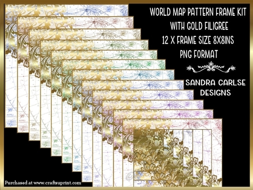 World Map Pattern 12 x 8x8ins Frames with Gold Filigree Kit 