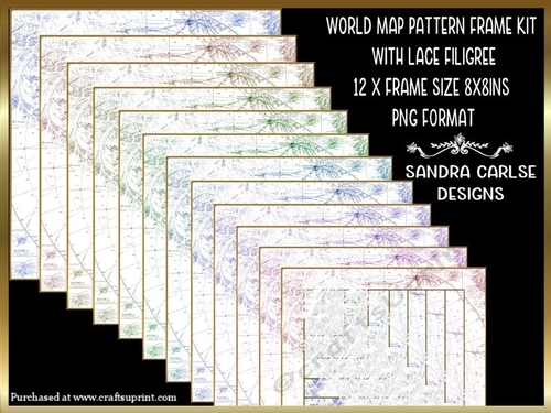 World Map Pattern 12 x 8x8ins Frames with Lace Filigree Kit 