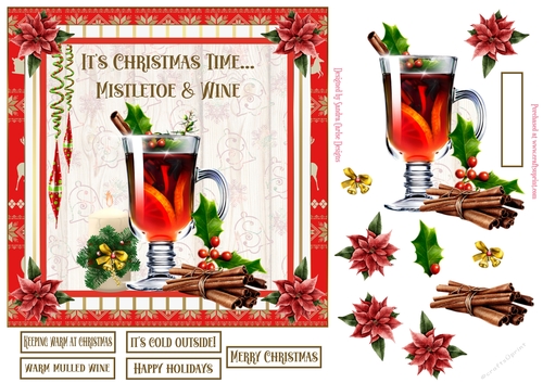 Christmas Mistletoe & Wine Decoupage 7x7ins Topper 