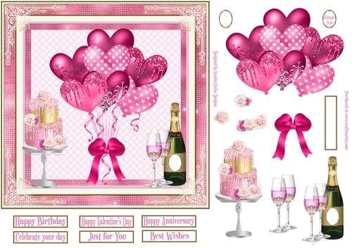 Pink Balloons, Champagne & Cake 7x7ins Decoupage diamond frame Topper 1
