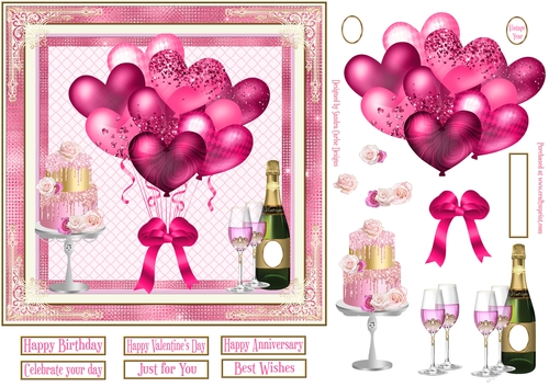 Pink Balloons, Champagne & Cake 7x7ins Decoupage diamond frame Topper 2