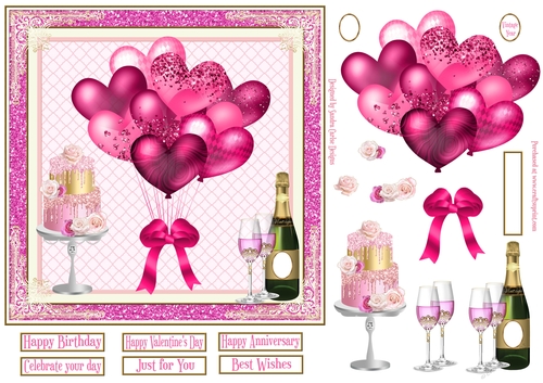 Pink Balloons, Champagne & Cake 7x7ins Decoupage glitter frame Topper 3