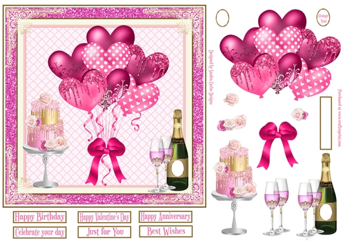 Pink Balloons, Champagne & Cake 7x7ins Decoupage glitter frame Topper 4