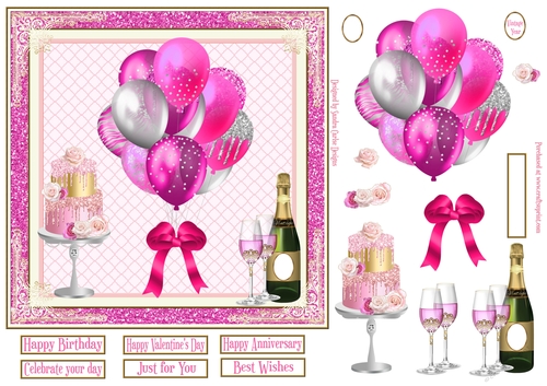 Pink Balloons, Champagne & Cake 7x7ins Decoupage glitter frame Topper 5