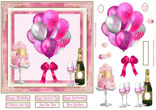 Pink Balloons, Champagne & Cake 7x7ins Decoupage diamond frame Topper 6