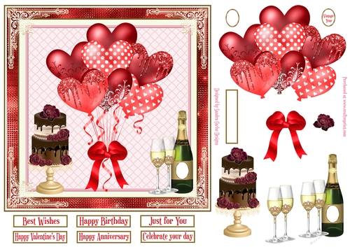Red Balloons, Champagne & Cake 7x7ins Decoupage diamond frame Topper 1