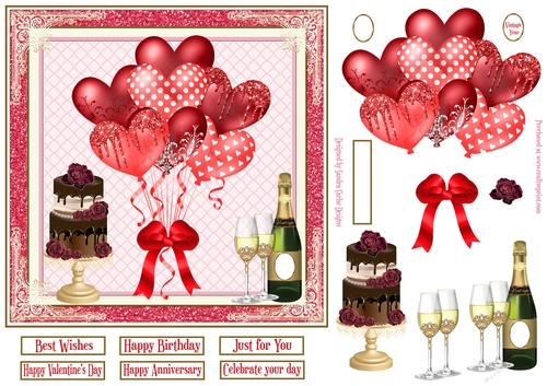 Red Balloons, Champagne & Cake 7x7ins Decoupage glitter frame Topper 2