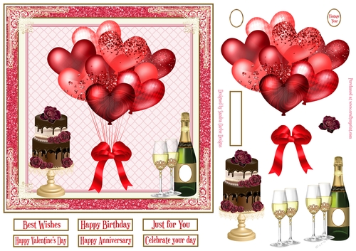 Red Balloons, Champagne & Cake 7x7ins Decoupage glitter frame Topper 3