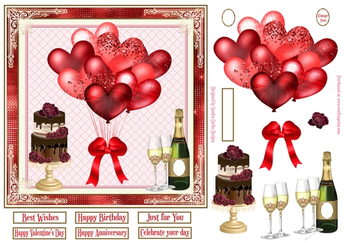 Red Balloons, Champagne & Cake 7x7ins Decoupage diamond frame Topper 4