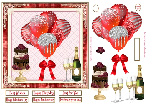 Red Balloons, Champagne & Cake 7x7ins Decoupage diamond frame Topper 5