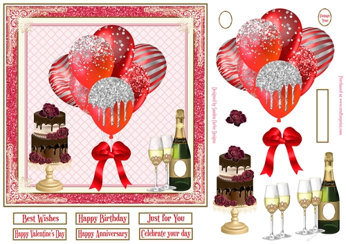 Red Balloons, Champagne & Cake 7x7ins Decoupage glitter frame Topper 6