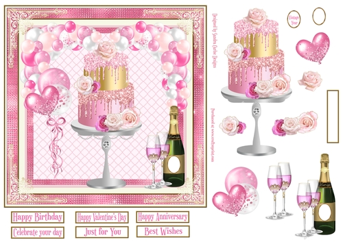 Cake, Champagne & Balloons 7x7ins Decoupage diamond frame Topper 1