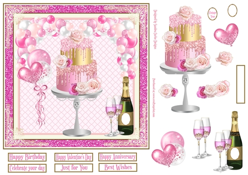 Cake, Champagne & Balloons 7x7ins Decoupage glitter frame Topper 2