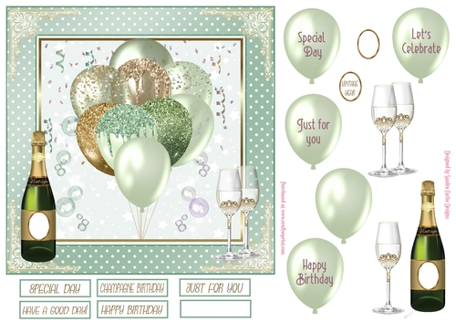 Birthday Soft Green Balloons 7x7ins Decoupage Topper 