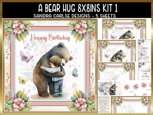 A Bear Hug 8x8ins Decoupage Topper with Matching Bookmarks Kit 1
