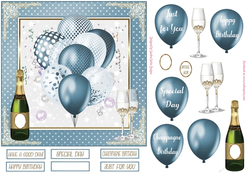Birthday Iron Blue Balloons 7x7ins Decoupage Topper 