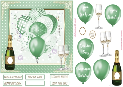 Birthday Green Balloons 7x7ins Decoupage Topper 