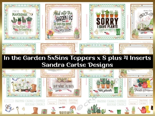 In the garden 5x5ins decoupage Toppers x 8 plus 4 Inserts kit