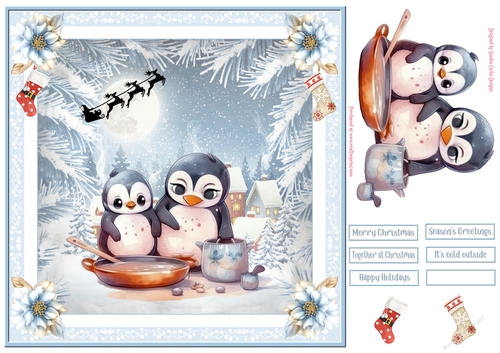 Christmas Penguins 8x8ins Decoupage Topper 2