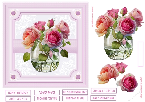 Pink roses in vase 7x7ins Decoupage Topper 4