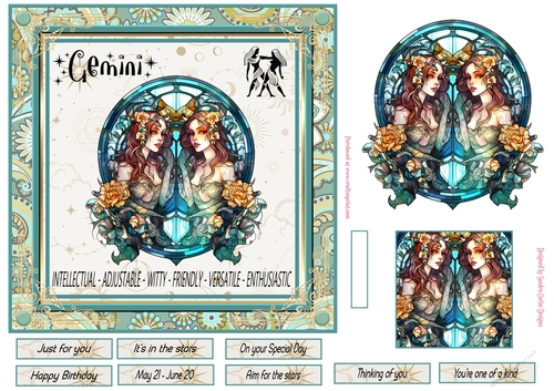 Gemini Birthday 7x7ins Decoupage Topper 1