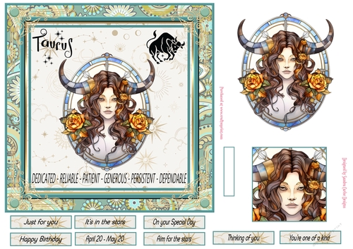 Taurus Birthday 7x7ins Decoupage Topper 1