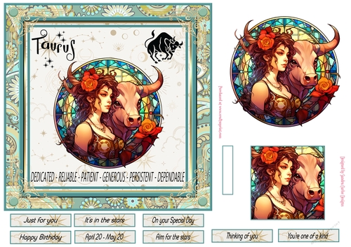 Taurus Birthday 7x7ins Decoupage Topper 4