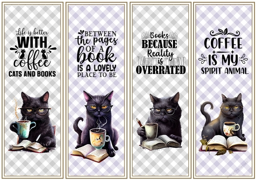 Black cat books & coffee 4 x bookmarks