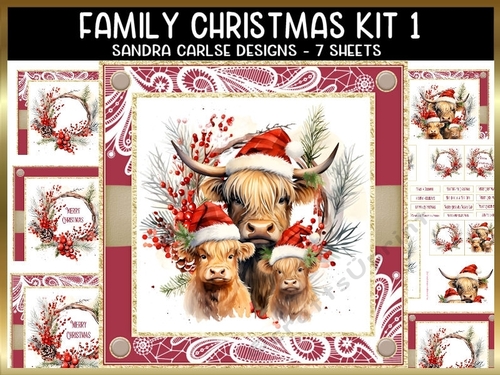 Christmas Highland cow 7x7ins Topper kit 1 with lace edging