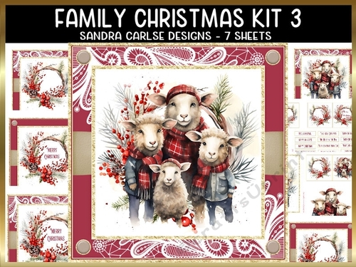 Christmas Vintage Sheep 7x7ins Topper kit 3 with lace edging