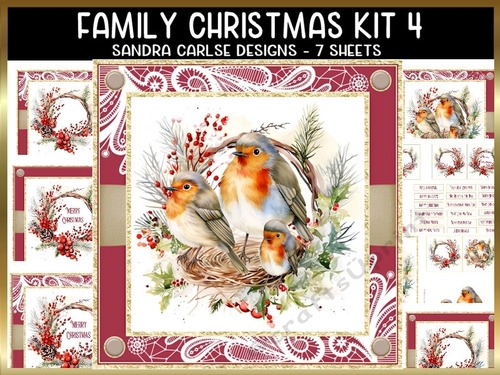 Vintage Christmas Robin 7x7ins Topper kit 4 with lace edging