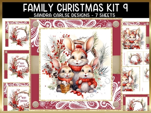 Vintage Christmas rabbits 7x7ins Topper kit 9 with lace edging