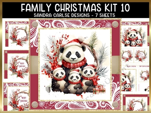 Vintage Christmas Panda Family 7x7ins Topper kit 10 with lace edging