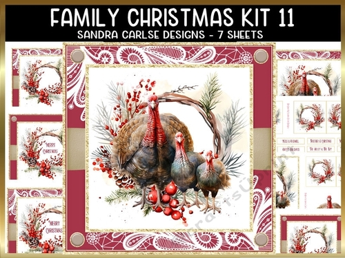 Vintage Christmas Turkey Family 7x7ins Topper kit 11 with lace edging