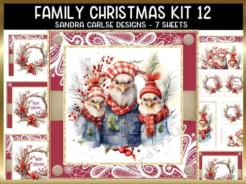 Vintage Christmas Bird Family 7x7ins Topper kit 12 with lace edging