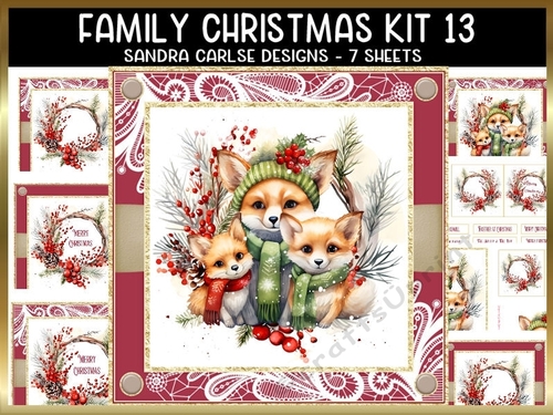 Vintage Christmas Fox Family 7x7ins Topper kit 13 with lace edging