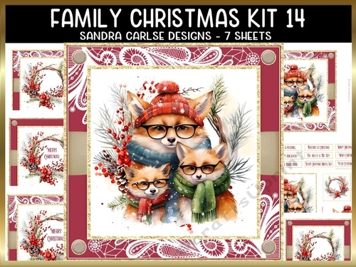Vintage Christmas Fox Family 7x7ins Topper kit 14 with lace edging