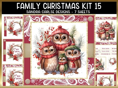 Vintage Christmas Owl Family 7x7ins Topper kit 15 with lace edging