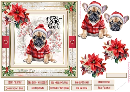 Santa Paws 7x7ins decoupage Topper 1 with 10 sentiments