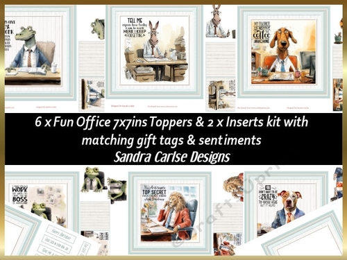 Fun office decoupage 7x7ins toppers x 6 & 2 x Inserts kit 1