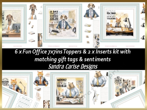Fun office decoupage 7x7ins toppers x 6 & 2 x Inserts kit 2