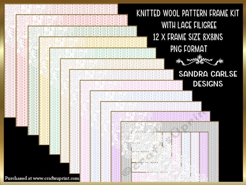 Knitted wool pattern 8x8ins 12 x Frames kit with lace filigree