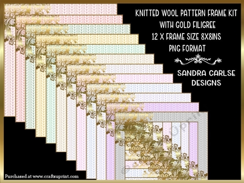 Knitted wool pattern 8x8ins 12 x Frames kit with gold filigree